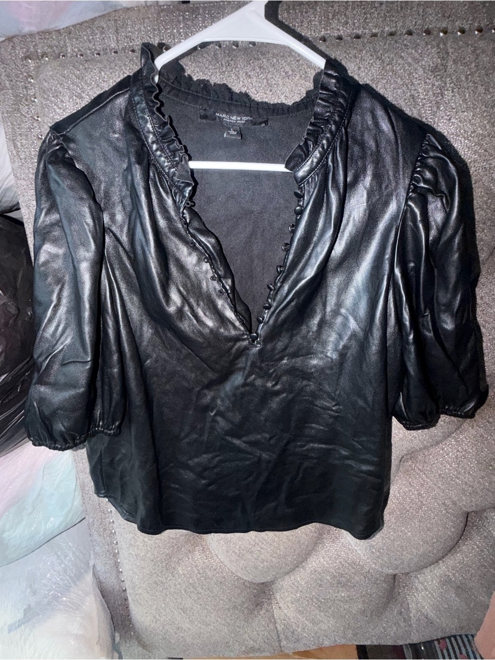 Marc New York Black Faux Leather Ruffle-Trim Blouse